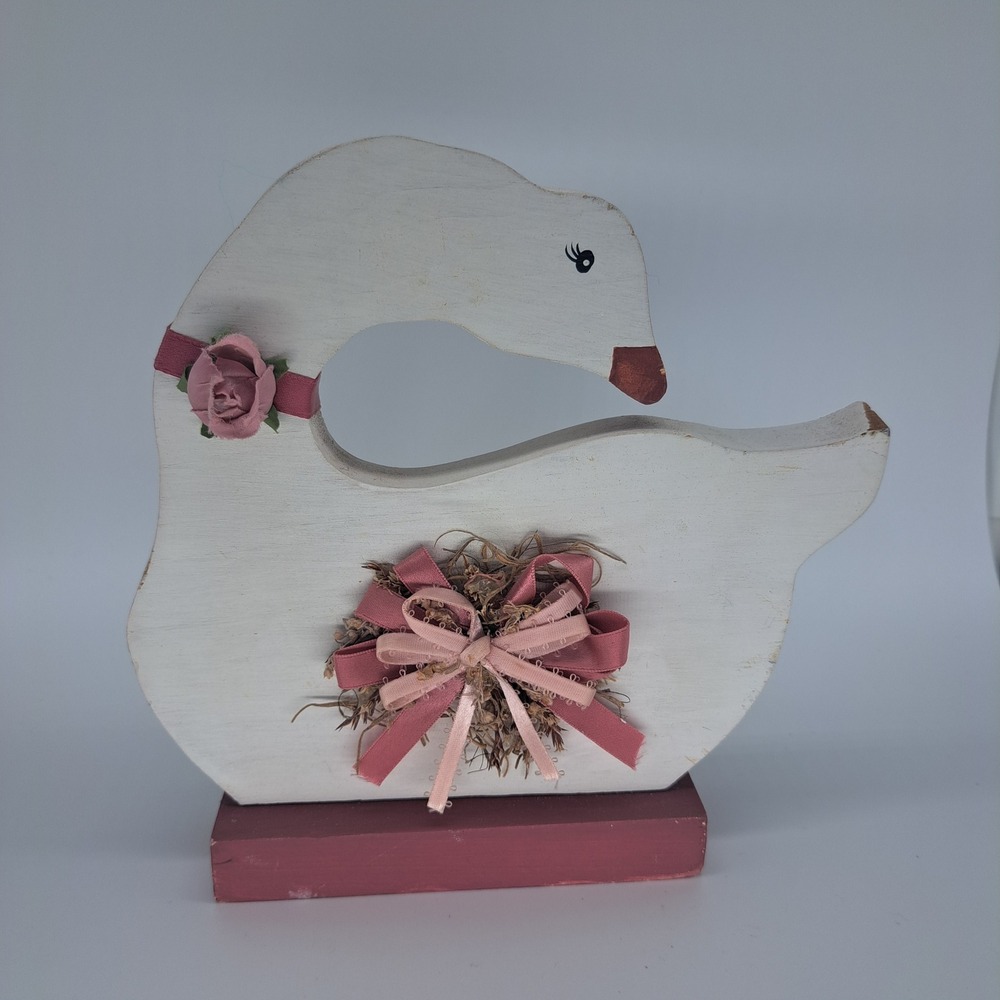 VTG Wooden Goose Figurine Hand Painted White Pink Floral Bow Country Cottagecore